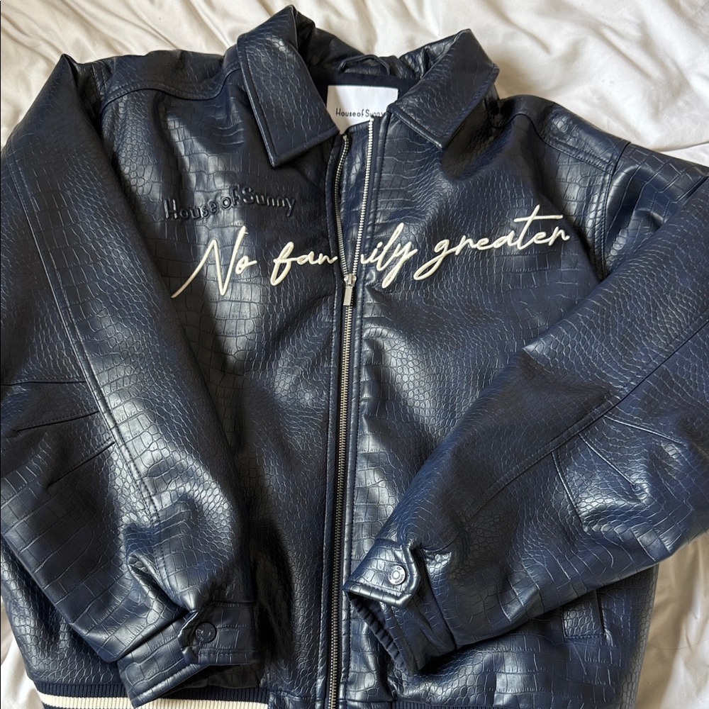 House of Sunny Navy Croc-Textured Jacket